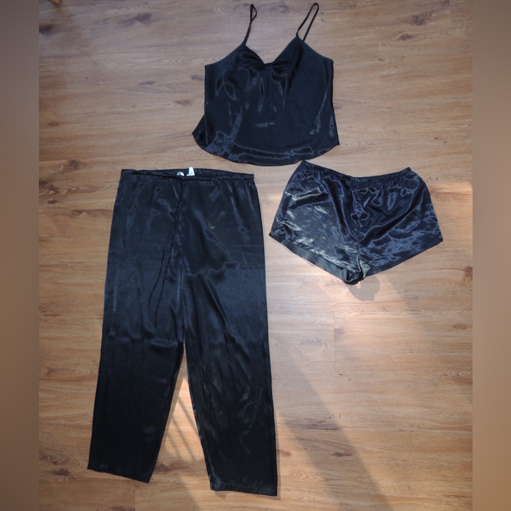 Vintage L.A. Intimates Three-Piece Black Satin Feel Pajama Set